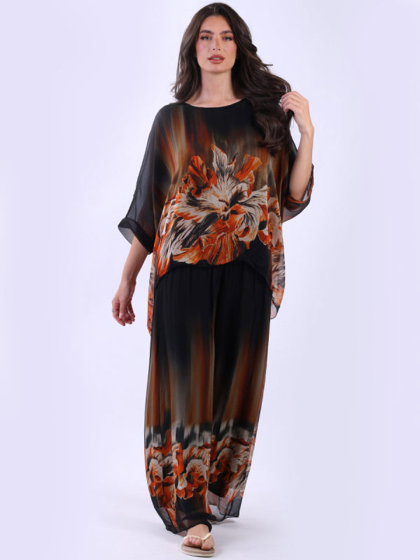 Floral Silk Tunic Top Black