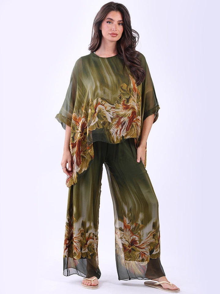 Floral Silk Tunic Top Khaki
