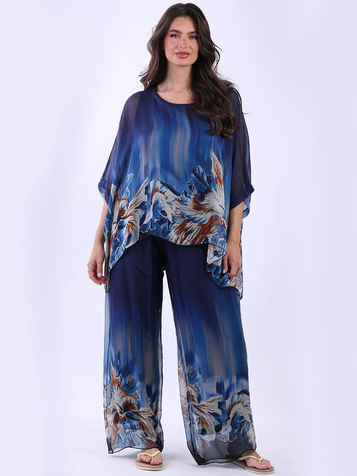 Floral Silk Tunic Top Navy