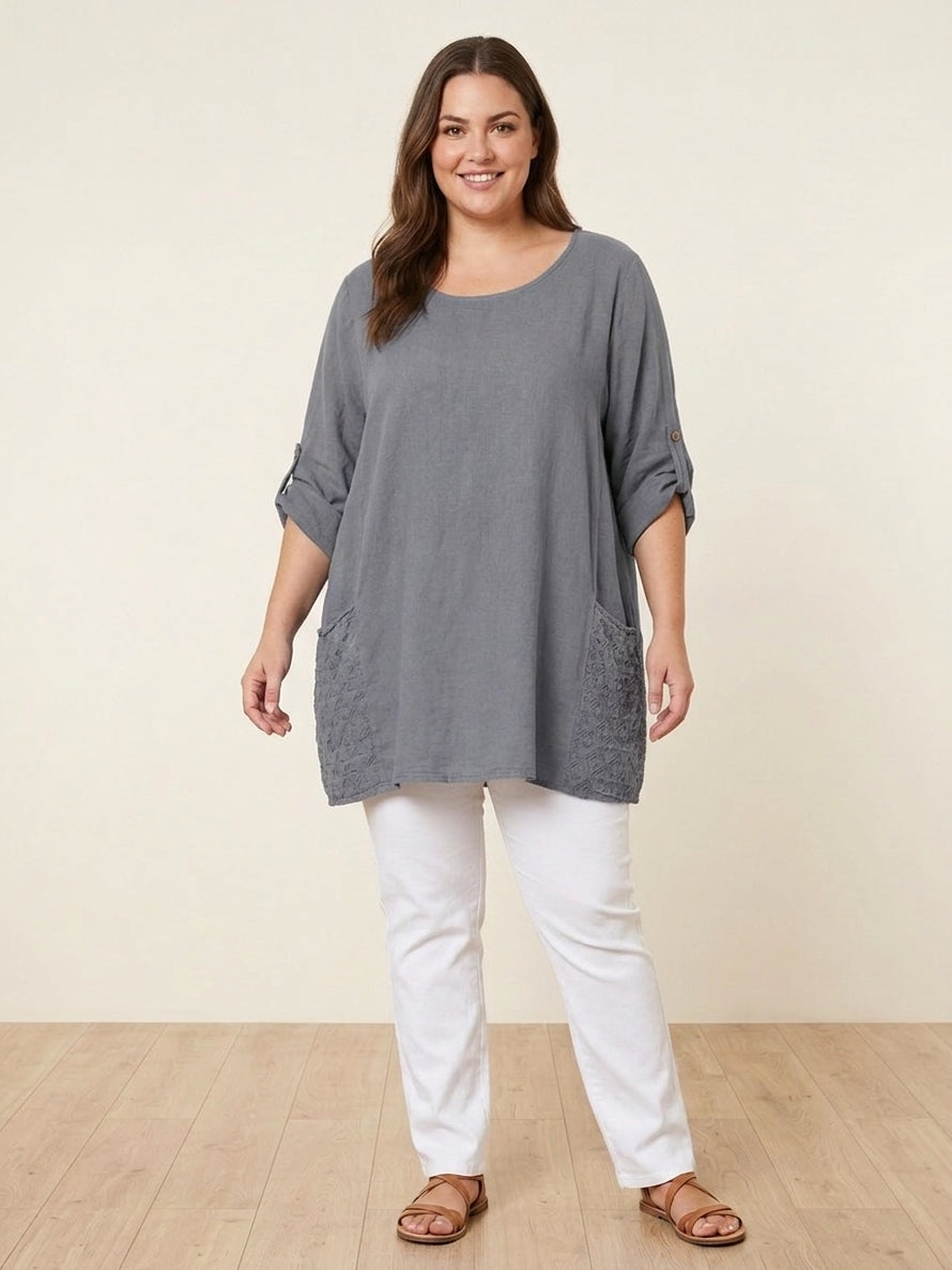 Wholesale Eyelet Back Panel And Pockets Oversized Cotton Top – RedWholesale