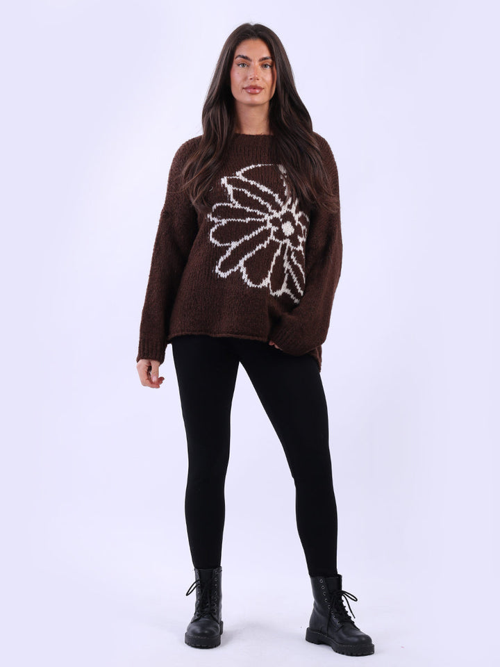 Flower Knit Crop Jumper Chocolate
