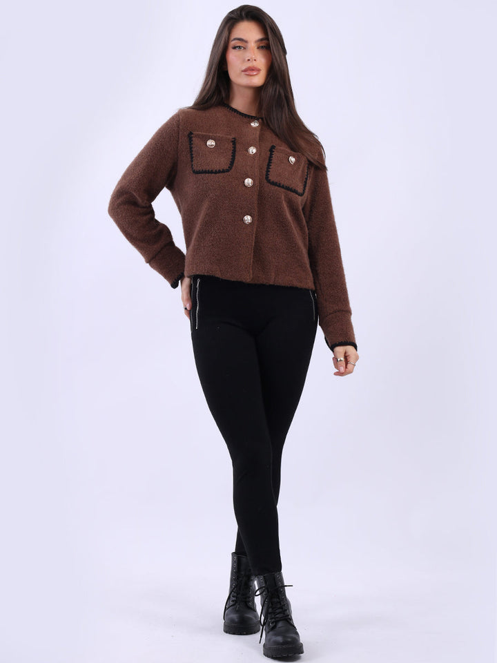 Contrast Stitch Crop Jacket Choolate