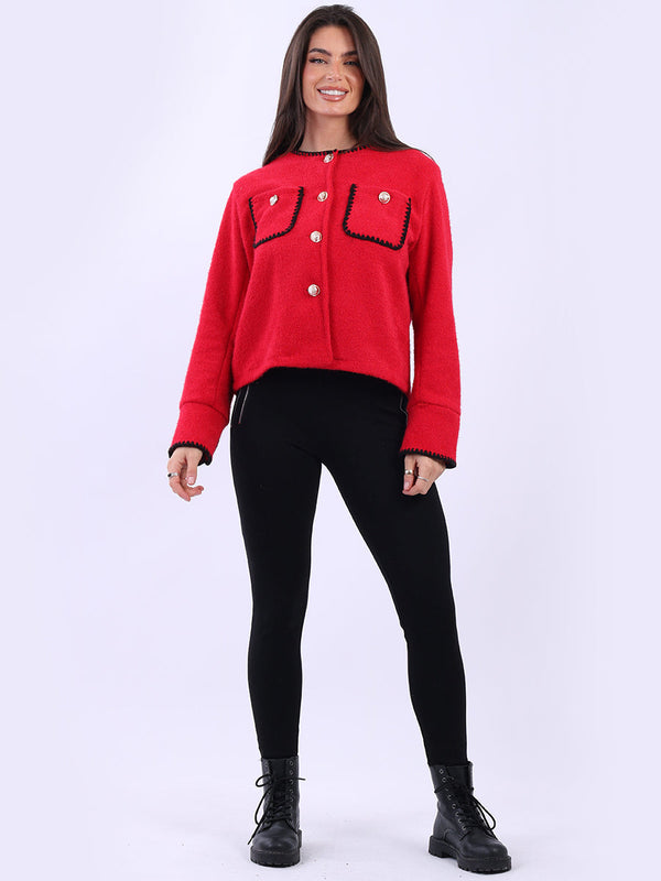 Contrast Stitch Crop Jacket Red