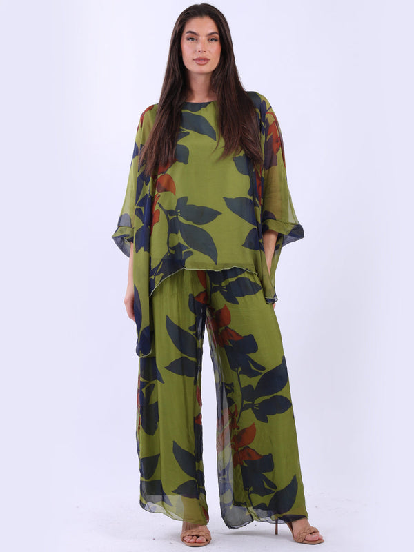 Floral Batwing Silk Tunic Olive