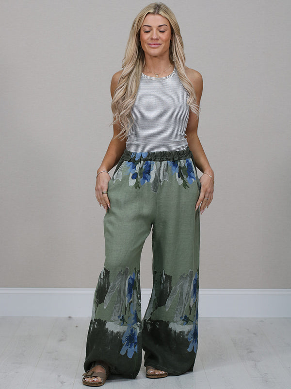 Floral Linen Trouser Khaki