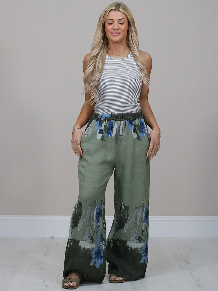 Floral Linen Trouser Khaki