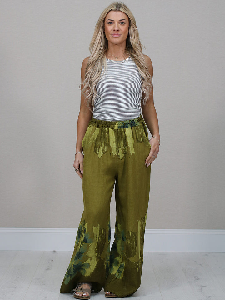 Floral Linen Trouser Olive