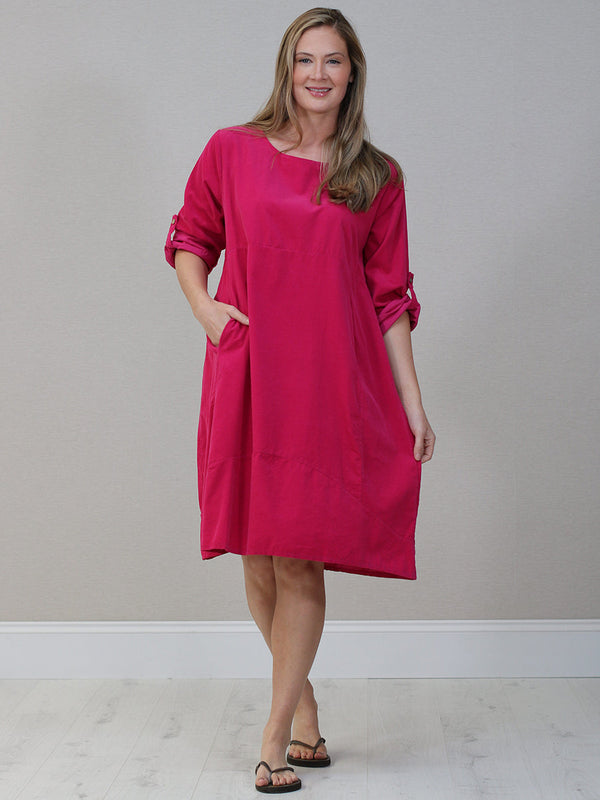 Italian Tabbed Sleeves Solid Corduroy Cotton Dress