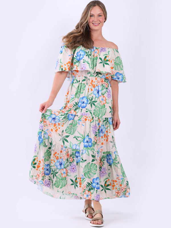 Tropical Print Tiered Maxi Dress Beige