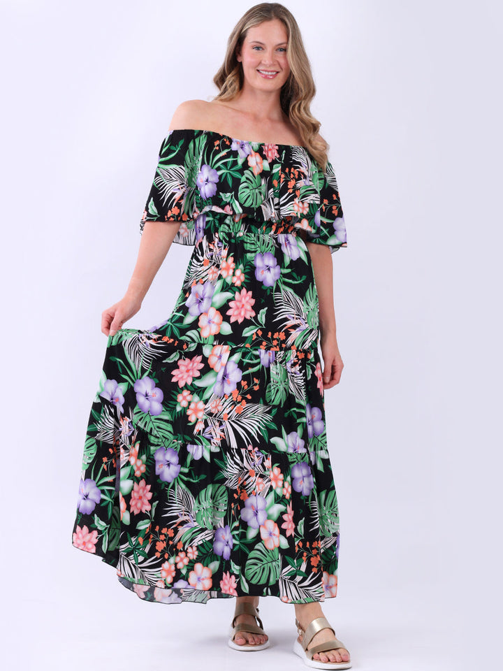 Tropical Print Tiered Maxi Dress Black
