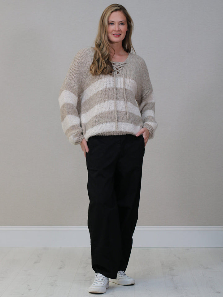 Woolen Knit Stripy Crop Jumper Mocha