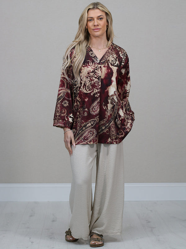 Made In Italy Ladies Printed V Neck Top