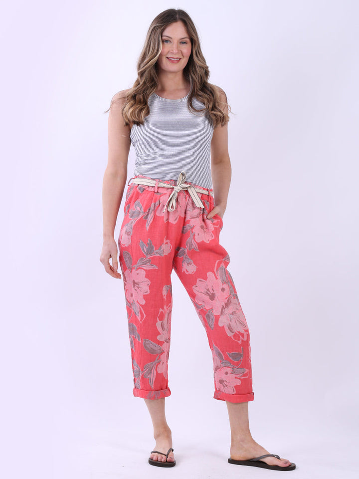 Floral Print Linen Trouser Coral