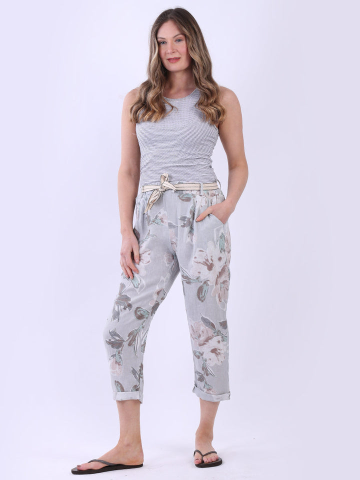 Floral Print Linen Trouser Grey