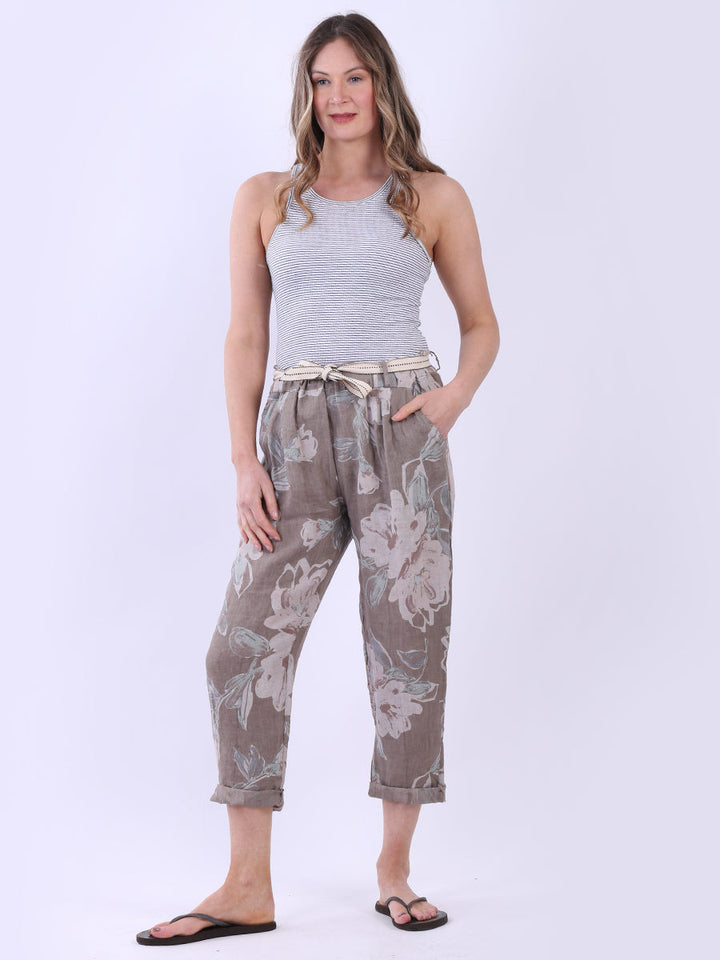 Floral Print Linen Trouser Mocha