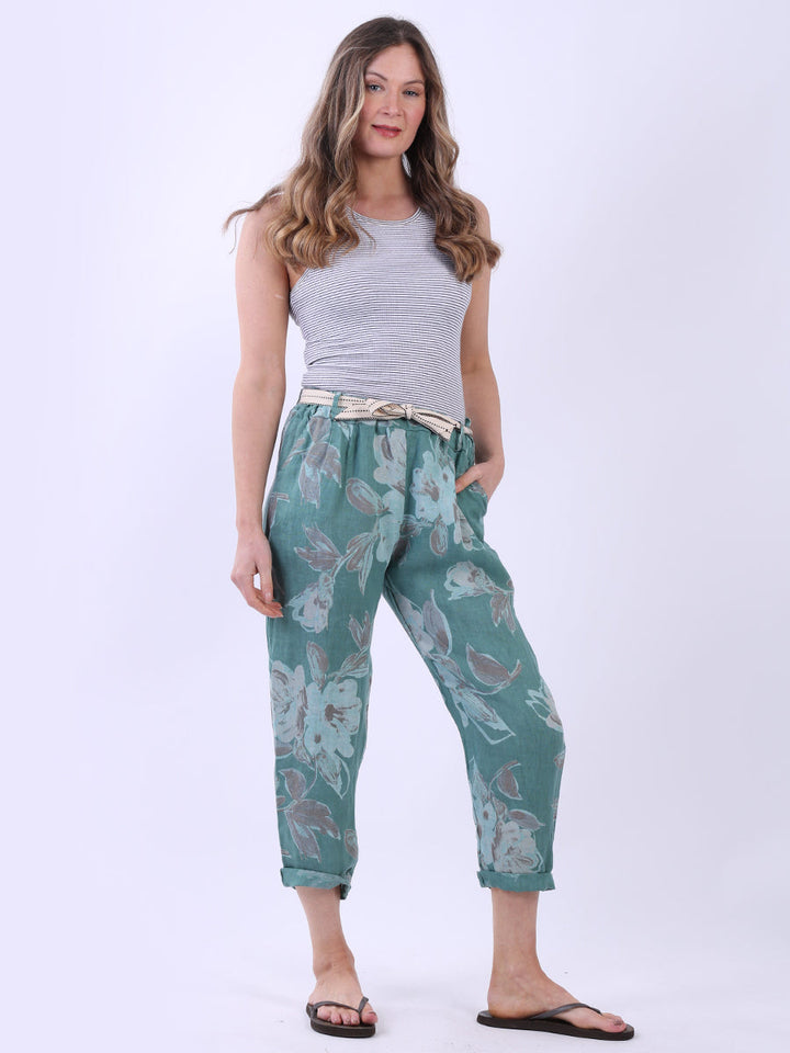 Floral Print Linen Trouser Ocean Blue