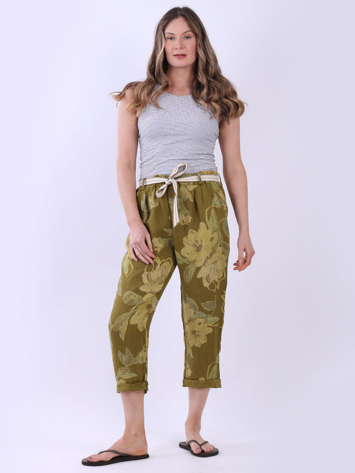 Floral Print Linen Trouser Olive