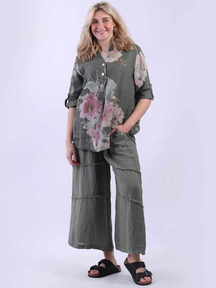 Floral Print Linen Baggy Tunic Top Khaki