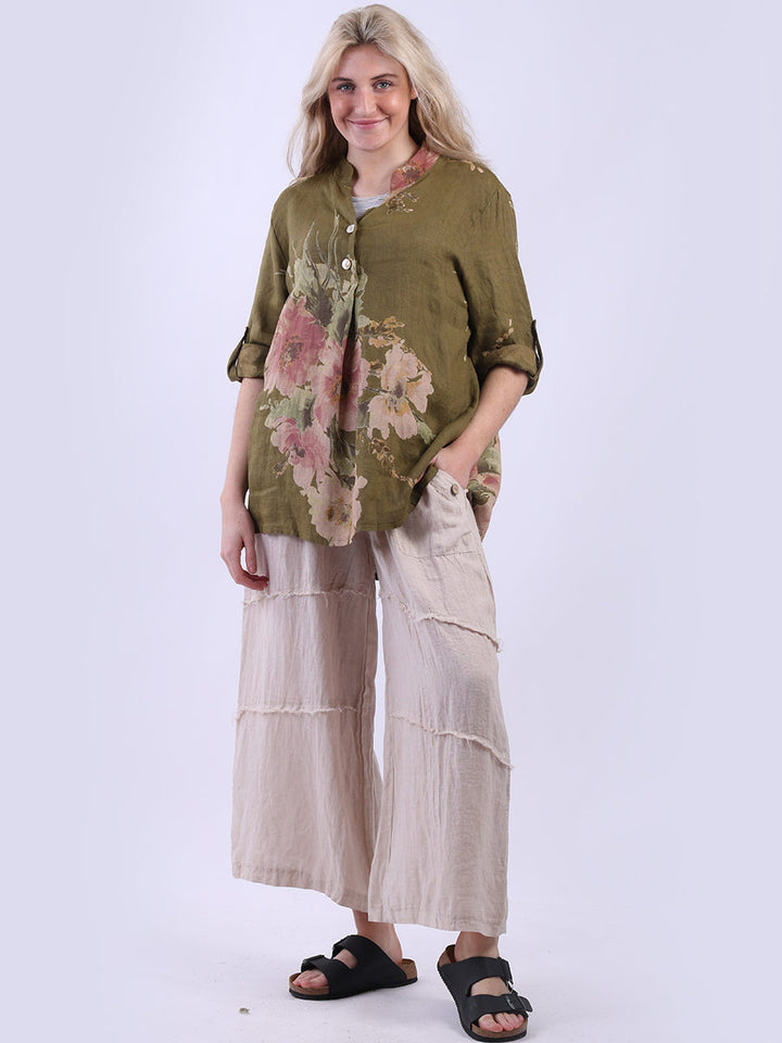 Floral Print Linen Baggy Tunic Top Olive