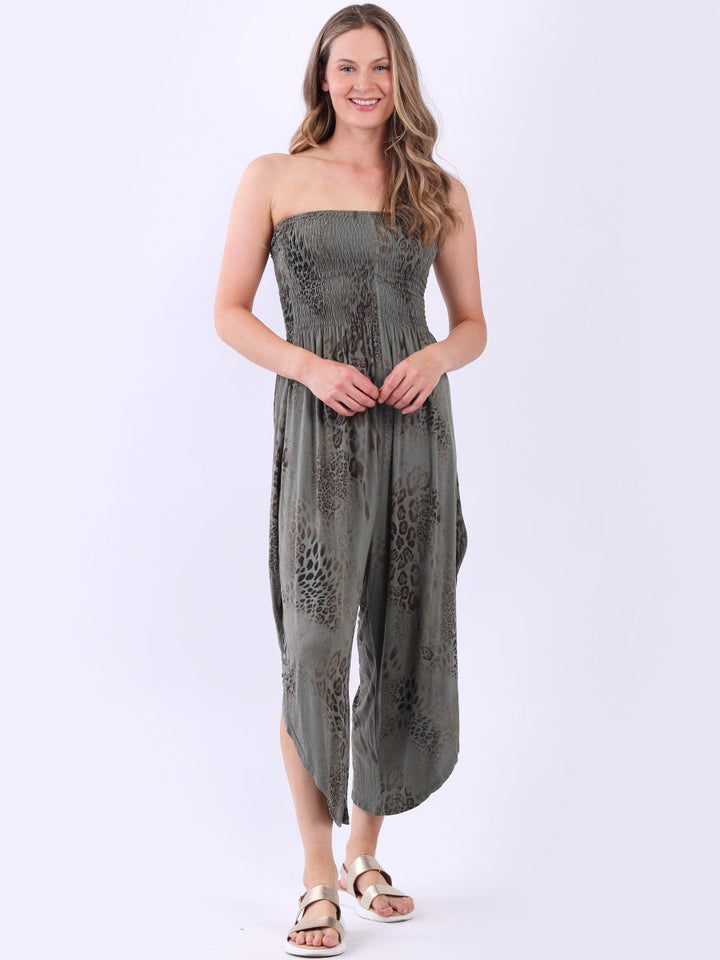 Women Smocked Jumpsuit Khaki