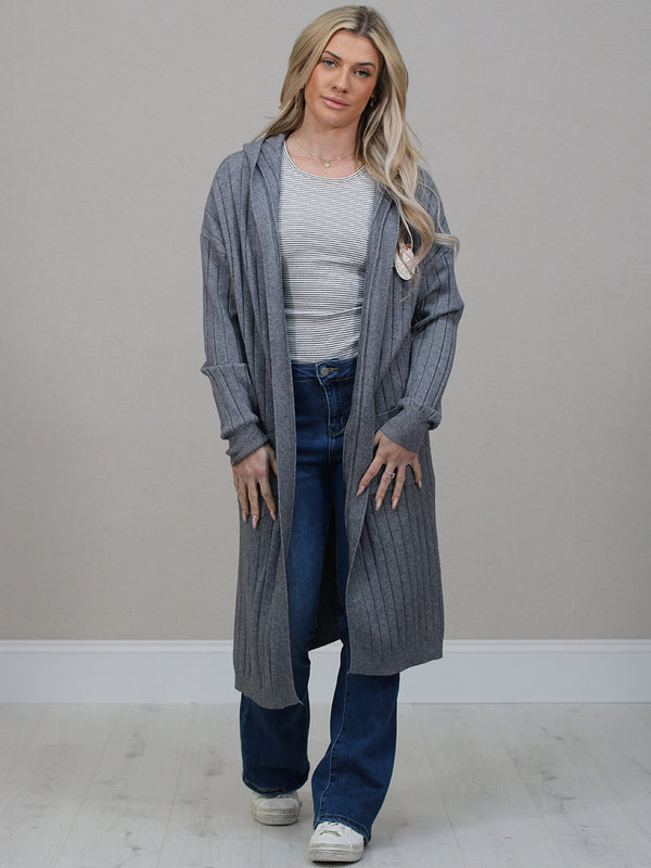 Open Front Ribbed Hooded Cardigan