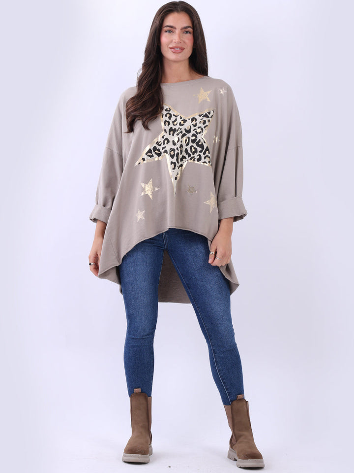 Foil Star Oversized Cotton Shirt Beige