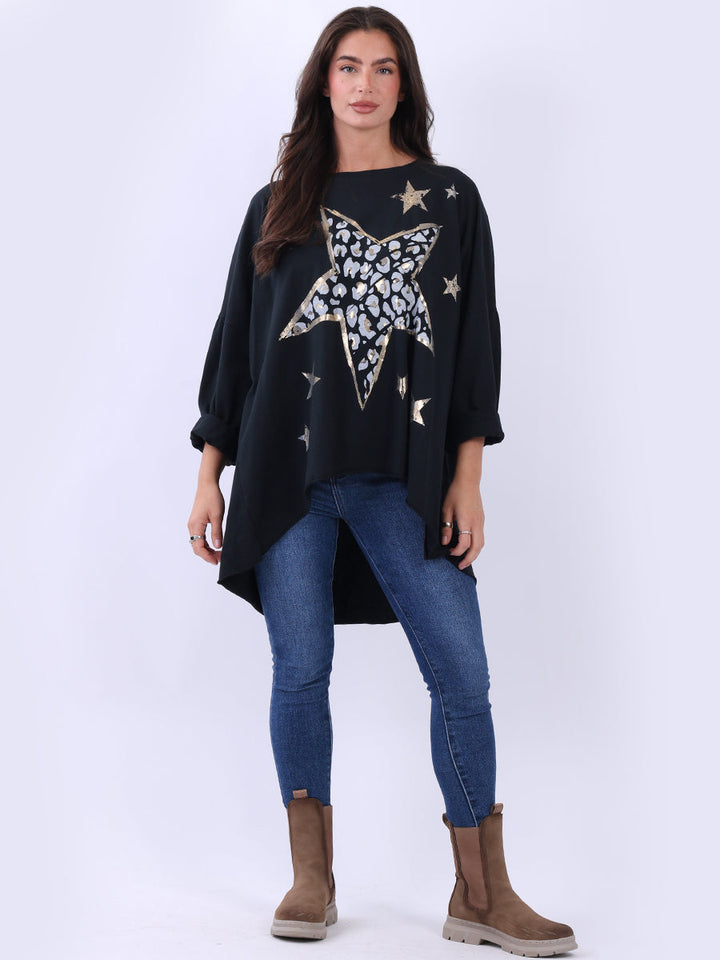 Foil Star Oversized Cotton Shirt Black