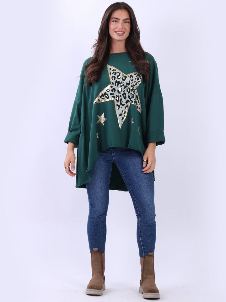 Foil Star Oversized Cotton Shirt Bottle Green