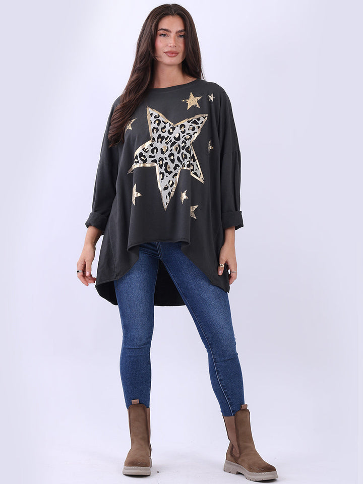 Foil Star Oversized Cotton Shirt Charcoal