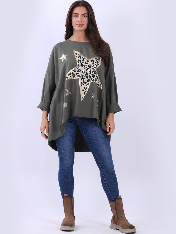 Foil Star Oversized Cotton Shirt Khaki