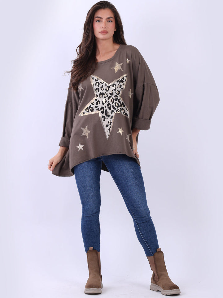 Foil Star Oversized Cotton Shirt Mocha