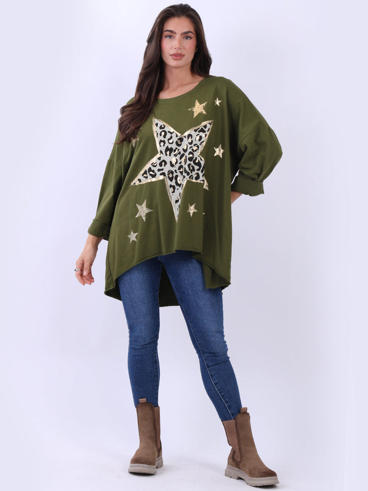 Foil Star Oversized Cotton Shirt Olive