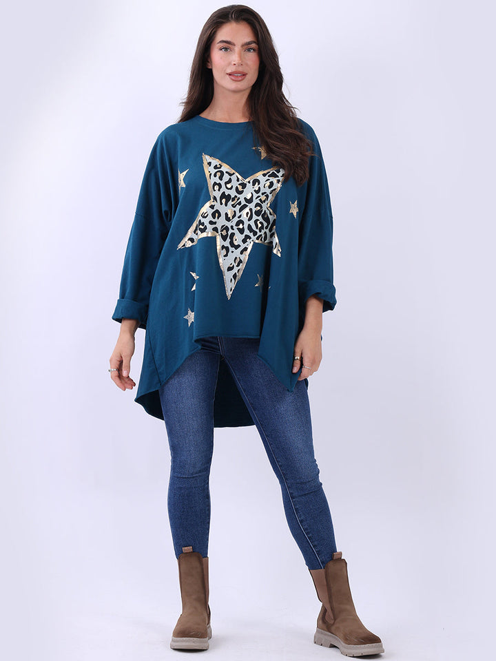Foil Star Oversized Cotton Shirt Teal