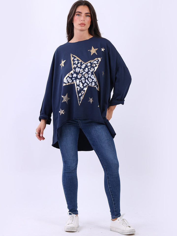 Foil Star Oversized Cotton Shirt Navy