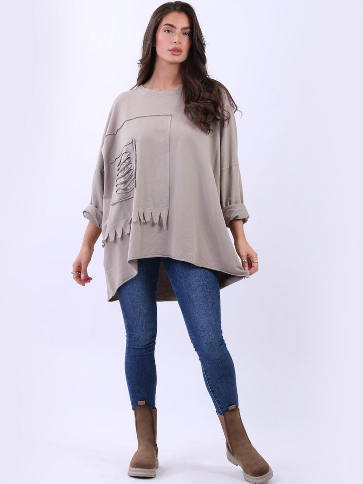 Sequin Cut Out Cotton Top Beige
