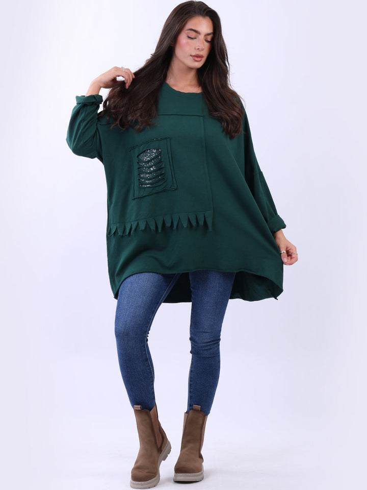 Sequin Cut Out Cotton Top Bottle Green