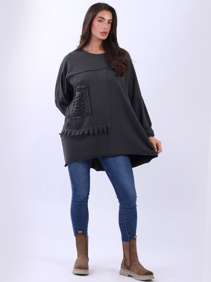 Sequin Cut Out Cotton Top Charcoal