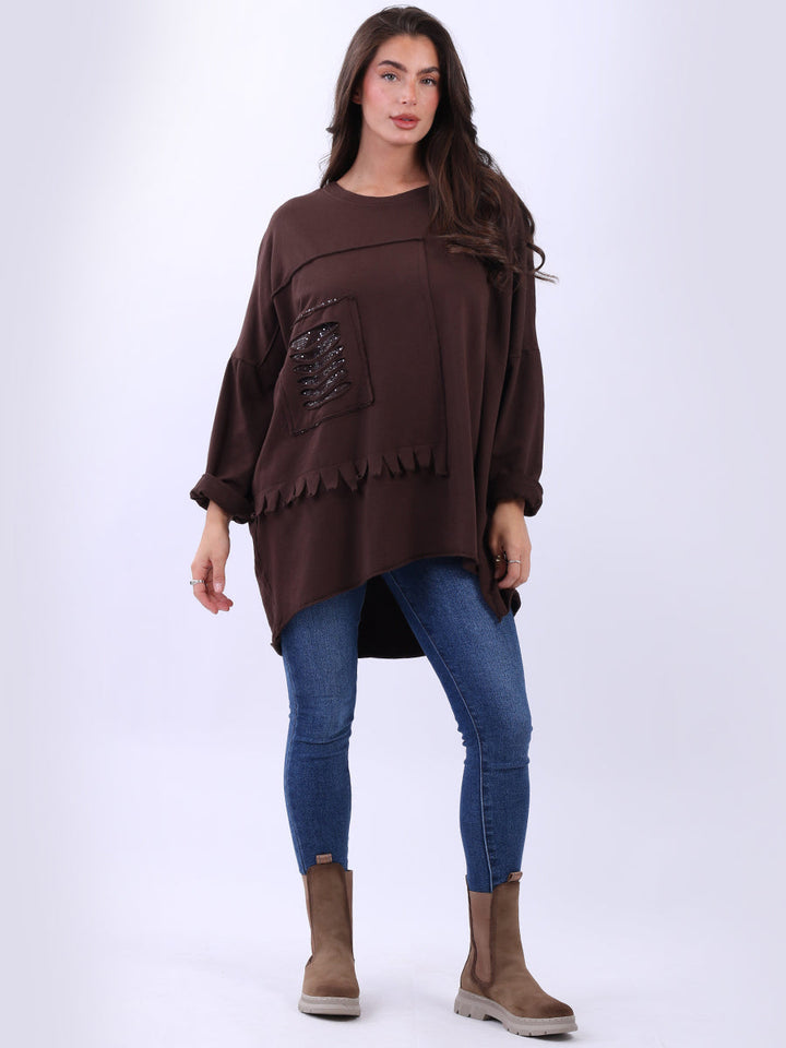 Sequin Cut Out Cotton Top Chocolate
