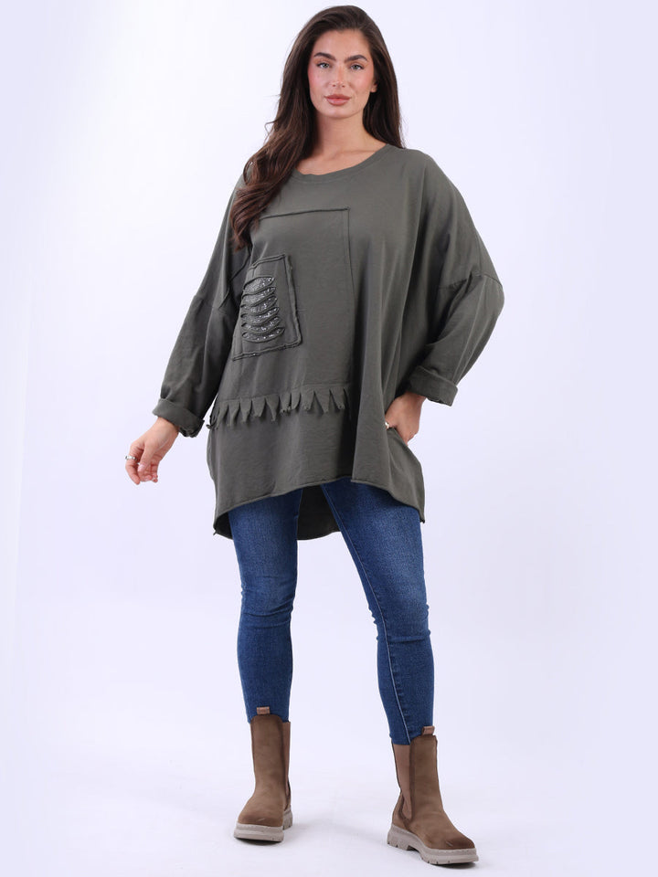 Sequin Cut Out Cotton Top Khaki