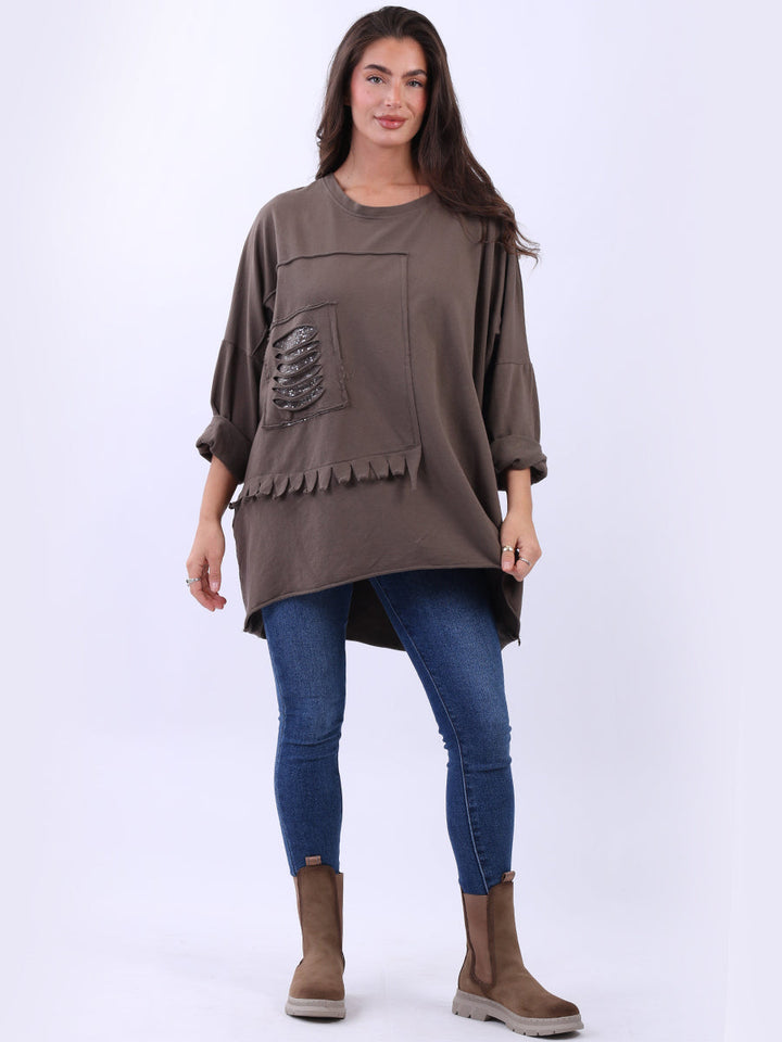 Sequin Cut Out Cotton Top Mocha