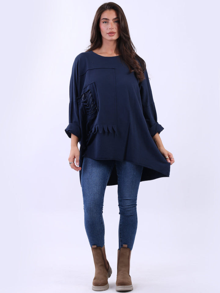 Sequin Cut Out Cotton Top Navy