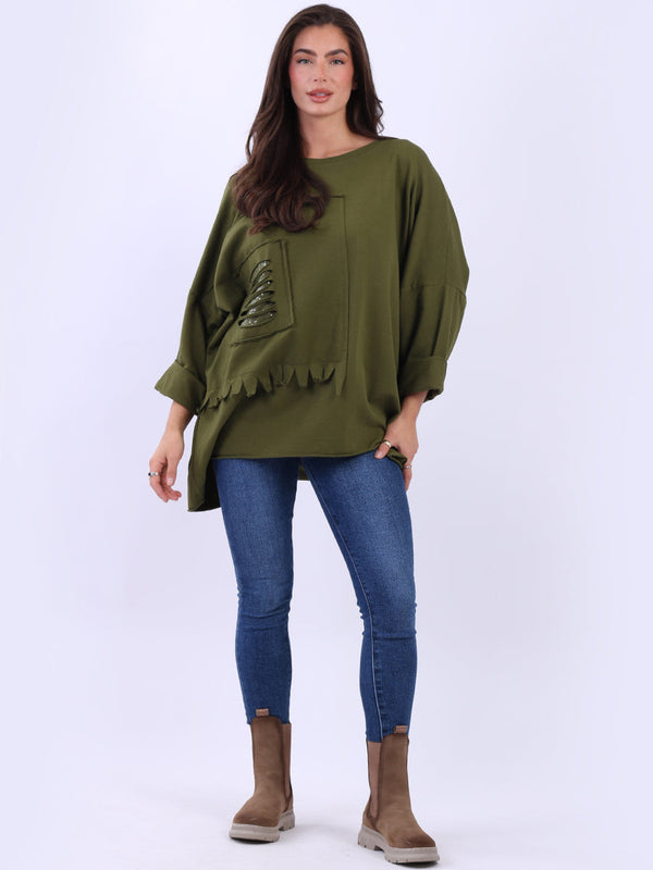 Sequin Cut Out Cotton Top Olive