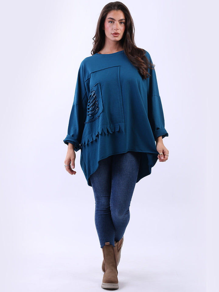 Sequin Cut Out Cotton Top Teal