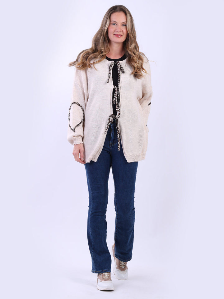 Leopard Trim Knitted Cardigan Beige