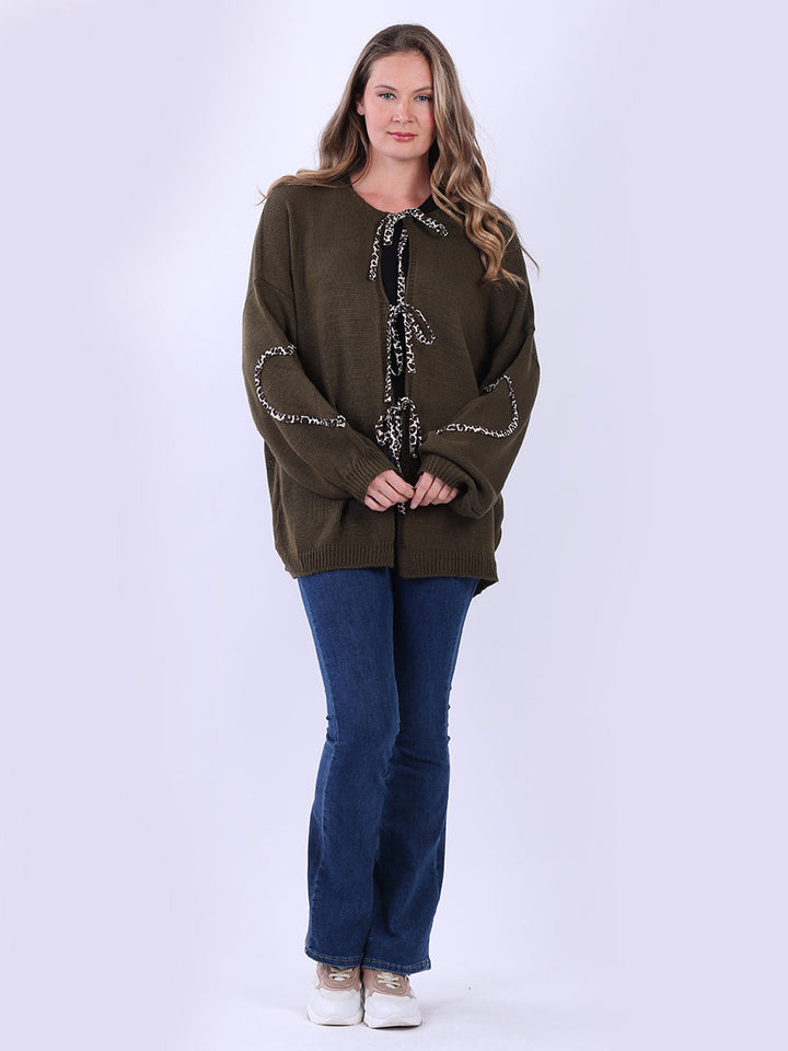 Leopard Trim Knitted Cardigan Khaki