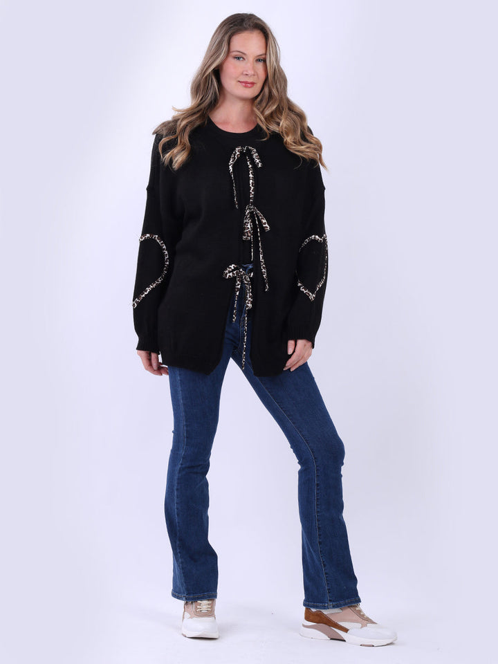 Leopard Trim Knitted Cardigan Black