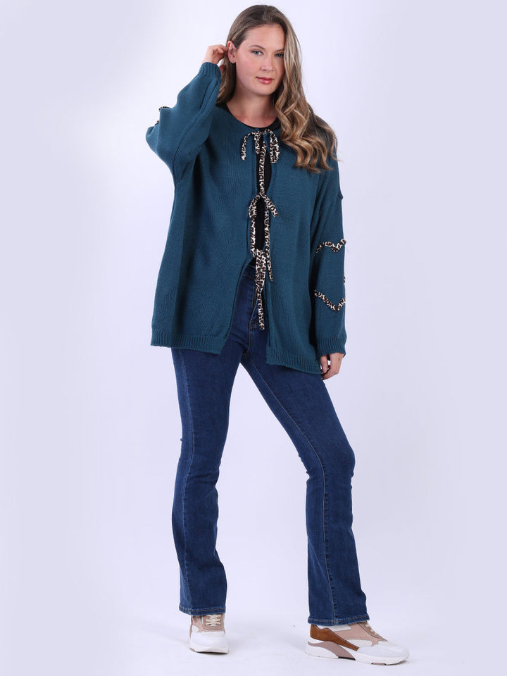 Leopard Trim Knitted Cardigan Teal
