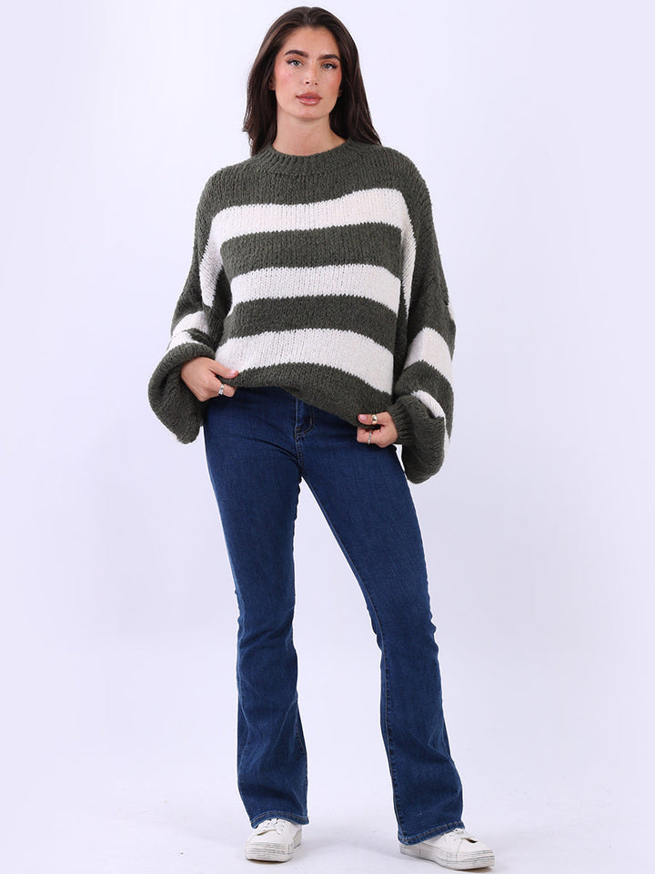 Batwing Stripy Wool Knitted Jumper Khaki
