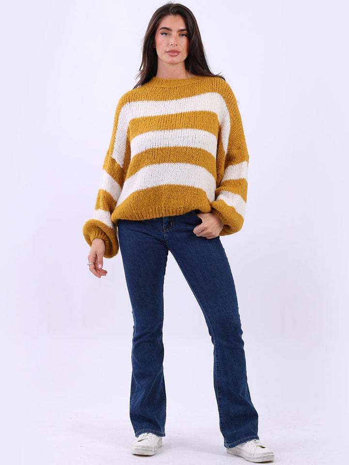 Batwing Stripy Wool Knitted Jumper Mustard