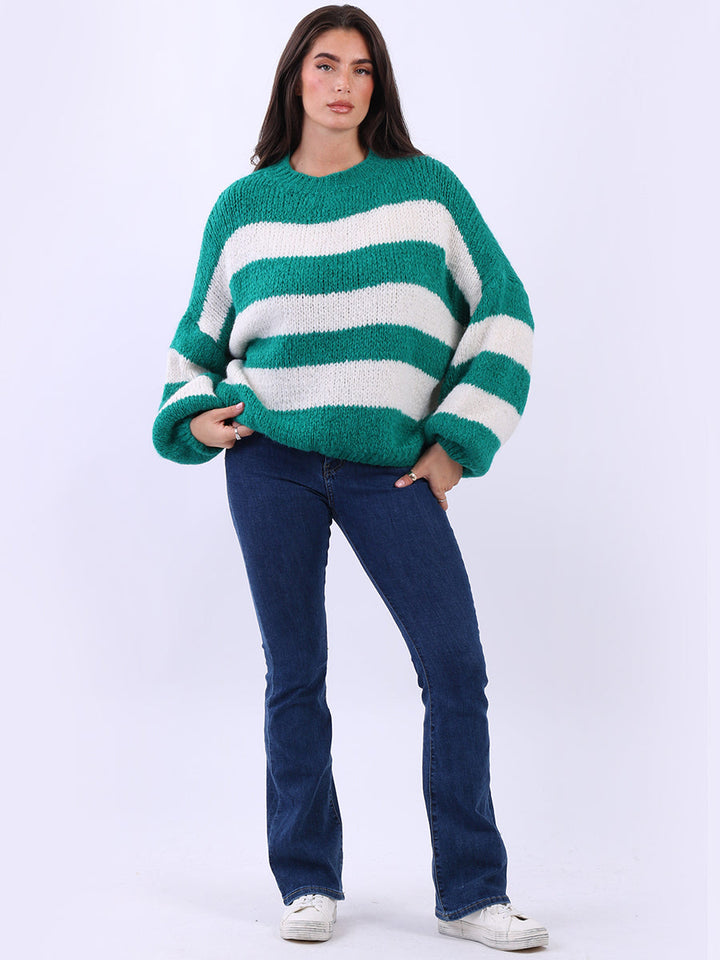 Batwing Stripy Wool Knitted Jumper Teal